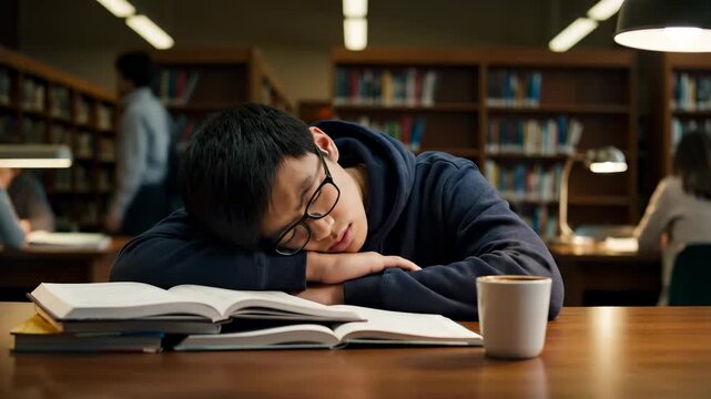 Tired Asian male student with glasses sleeping on books at a library study table with a coffee cup.