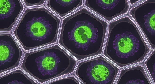 Microscopic View of Plant Cells with Luminous Nuclei Undergoing Division.