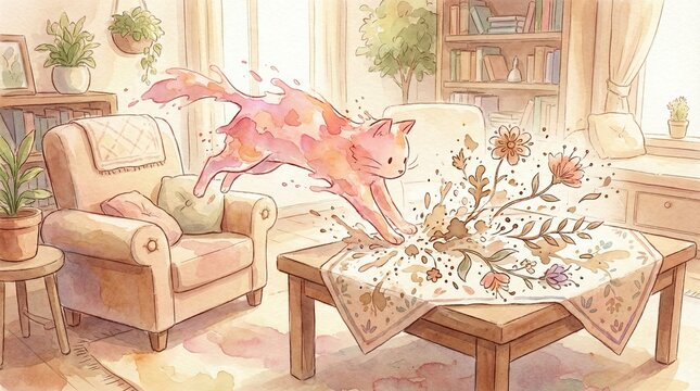 Watercolor illustration of playful pink cat leaping onto wooden coffee table in cozy living room