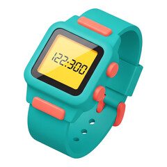 Digital watch with yellow screen in teal and orange plastic casing in modern minimalist style for kids fashion