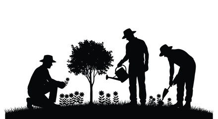 Gardeners tending plants and a tree in a striking silhouette © MDRAYHAN