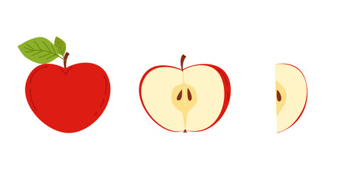 Fototapeta premium Vector illustration of a juicy red apple: a whole apple, a half apple with seeds, and a slice, isolated on a white background. A collection of ripe, healthy apples for autumn harvest, school design
