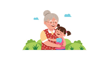 Happy grandmother hugging her little granddaughter with love in a green garden landscape under a blue sky with clouds.