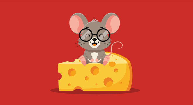 Cute grey mouse wearing large round glasses sitting on top of a big wedge of yellow cheese against a bright solid red background.