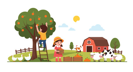 Obraz premium Busy farm day showing a boy picking oranges from a tree while a girl holds a crate near various farm animals and a barn.