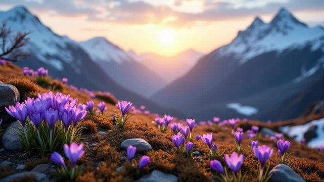 Spring background - view of the fresh purple crocuses blooming against the background of snowy mountains.
