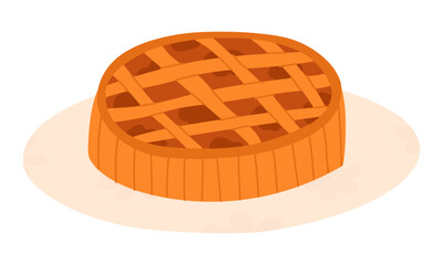 Autumn pie dessert with golden crust on plate. Cozy fall bakery illustration for seasonal menus, packaging, and food designs. Hand drawn vector illustration.