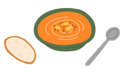 Autumn pumpkin soup bowl with spoon. Warm fall food illustration for seasonal menus, recipe designs, and cozy kitchen decor. Hand drawn vector illustration.