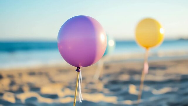Purple balloon swaying in gentle breeze on sunny beach, blue sea and yellow and blue balloons in blurred background