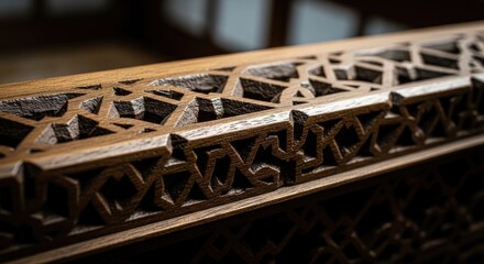 Close-up of traditional carved wooden panel with intricate geometric pattern and antique texture