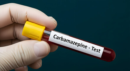 Obraz premium Hand in glove holding blood sample test tube labeled Carbamazepine image
