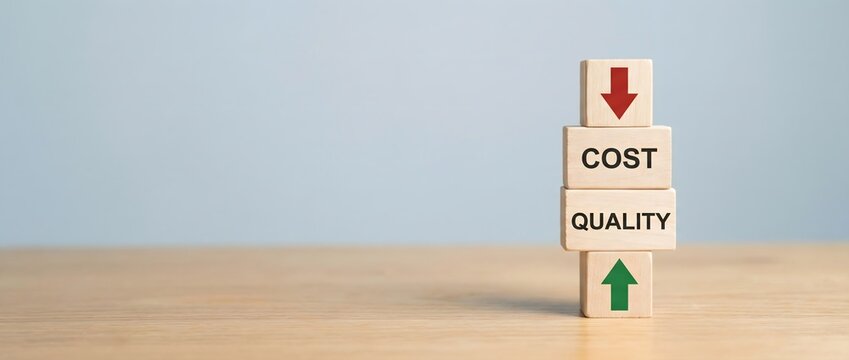 Stacked wooden blocks show "cost" with a down arrow and "quality" with an up arrow.