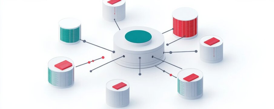 3D Isometric Central hub connected to stacked cylinder data nodes, representing distributed data systems. ,Data,Network