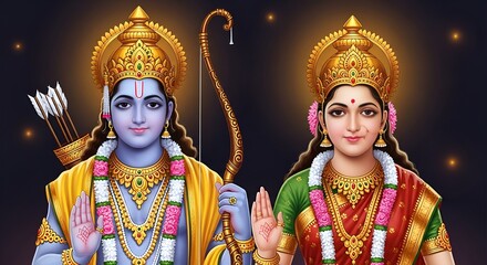 Fototapeta premium Hindu religious god Rama or Ram with goddess Sita for religious, story of Ramayana, Hindu festival Ram navmi,