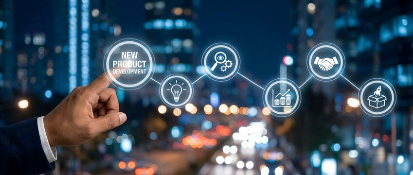 Businessman's hand points to a holographic "new product development" icon, symbolizing innovation and strategy amidst a blurred cityscape at night.
