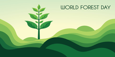 Fototapeta premium Modern green hills and growing plant illustration for World Forest Day. Great for reforestation projects, sustainability promotion, and earth conservation campaigns.