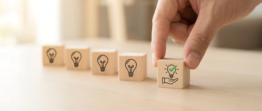 Hand places a checkmark lightbulb icon block among other lightbulb wooden blocks.