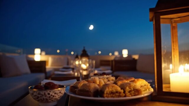 ramadan iftar dinner table at night festive scene, muslim family iftar meal under moonlight, traditional ramadan food table evening gathering