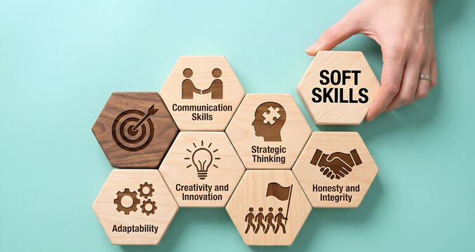 Hand places a "soft skills" hexagon block onto a puzzle illustrating essential personal and professional attributes.