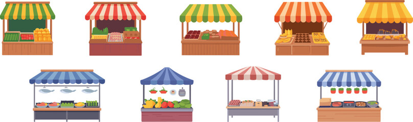 Flat vector illustration set of colorful outdoor market stalls and street food vendors with striped awnings selling fresh vegetables, fruit, fish, and meat