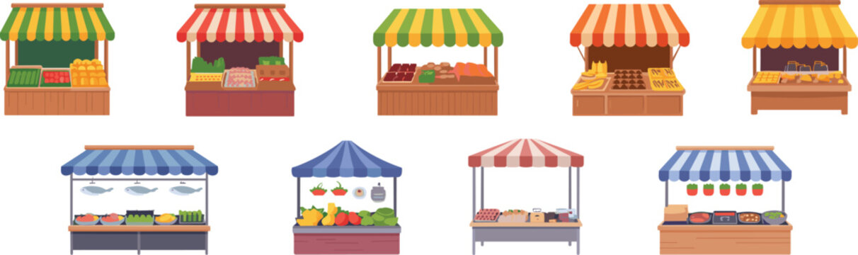Flat vector illustration set of colorful outdoor market stalls and street food vendors with striped awnings selling fresh vegetables, fruit, fish, and meat