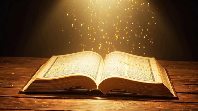 Open book with glowing light on wooden table