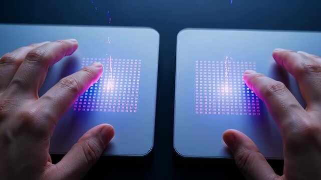 Futuristic touchpad interface with glowing blue grid and hands interacting. focused gesture control