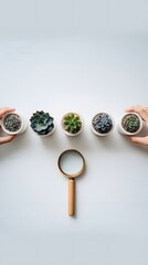 Four small succulents in white pots are arranged in a row above a wooden-handled magnifying glass. Two hands are visible holding the pots on either side