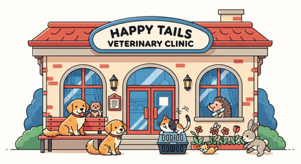 Colorful veterinary clinic with animals outside veterinary care concept