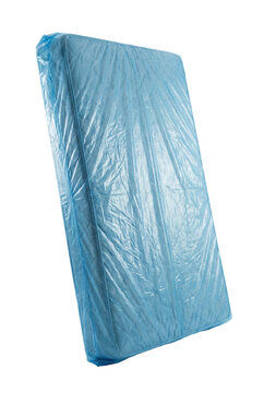Mattress Wrapped in Blue Protective Plastic Film for Moving and Delivery, New Furniture Storage, isolated on transparent background