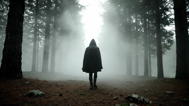 Mysterious figure in a black hooded cloak walking into a bright, foggy forest.