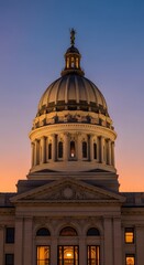 Fototapeta premium Image of a majestic historic building with a domed roof and intricate architectural details set against a beautiful twilight sky