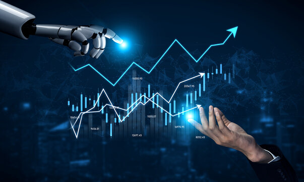 A robotic hand reaching toward an upward trending graph showcases the intersection of artificial intelligence and finance, illustrating technological influence on investment strategies. Scalp