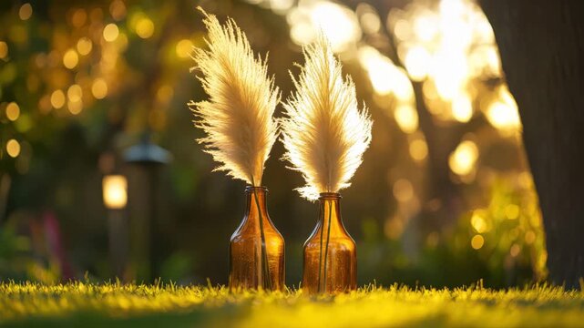Two decorative pampas grass plumes in amber glass bottles on grass with bokeh background, gentle movement.