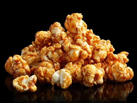 caramel popcorn with shiny coating isolated on a black background