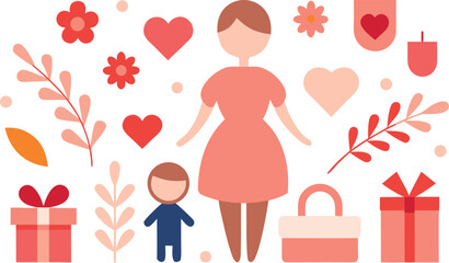 Fototapeta premium Mother and child with valentine's day gifts isolated on transparent background, Vector, illustration