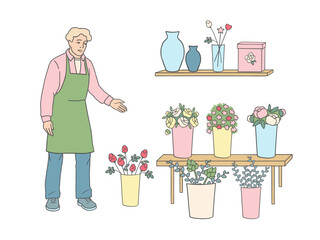 Male florist standing near flower pots and arrangements. Flat line vector illustration.