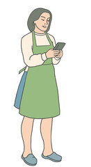Female florist in apron using smartphone. Flat line vector illustration
