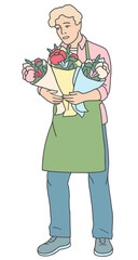 Male florist holding several bouquets. Flat line vector illustration