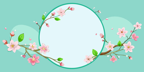 Elegant cherry blossom frame with pink flowers and green leaves, vector