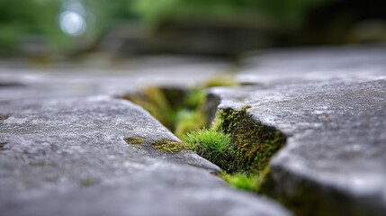 Fototapeta premium Closeup of Weathered Stone Surface With Moss Growing in Cracks and Greenery Surrounding