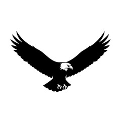 Obraz premium Black silhouette illustration of a wild eagle with spread wings flying in the sky on a white background, a vector design symbol for nature and wildlife