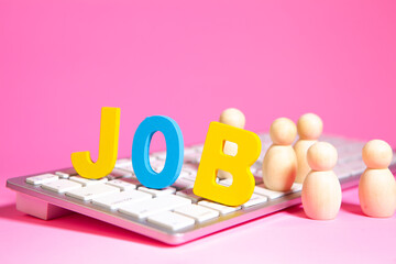 Job search concept. Wooden figures of people and a calculator on a pink background.