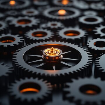 Gears Meshing Close-up of dark, metallic gears with glowing orange inner core, symbolizing teamwork and mechanics. Mechanics, Technology