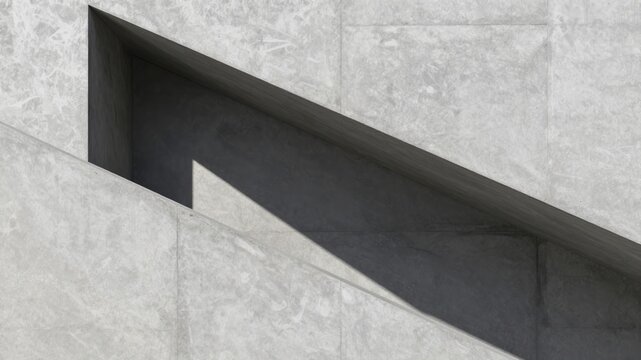 Monochrome abstract concrete architectural structure with sharp angles and deep shadows creating geometric forms and lines