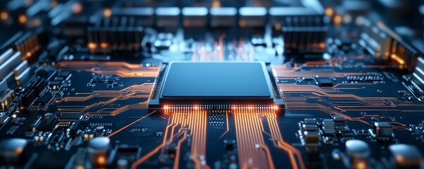 Glowing Circuitry Close-up of a central processor on a dark circuit board, illuminated by bright orange lines representing data flow and glowing blue light from the chip. Computer,
