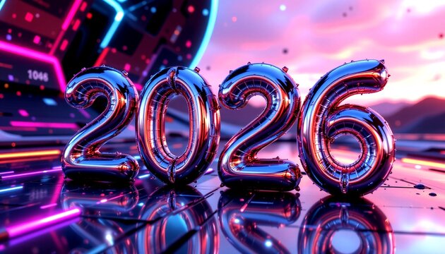 A large number "206" prominently displayed in silver balloon digits against a vividly colored neon b