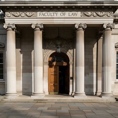 Obraz premium Image of an architectural design of the facade of an university's law building. Its front entrance consists of six fluted columns and detailed moldings.