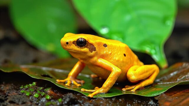 Wildlife scene capturing a vibrant yellow frog perched on a leaf in a lush green environment from a close-up viewpoint