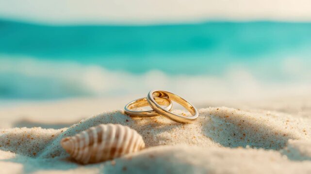 Two golden wedding rings resting on sandy beach next to seashell with ocean background motion